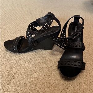 BCBGeneration Bowler Lazer Cut Black Strappy Wedges Size 9